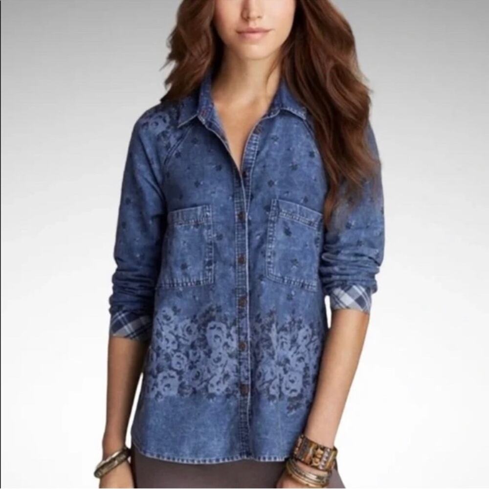 Free People Indigo Floral and plaid western style Button-Up shirt size medium